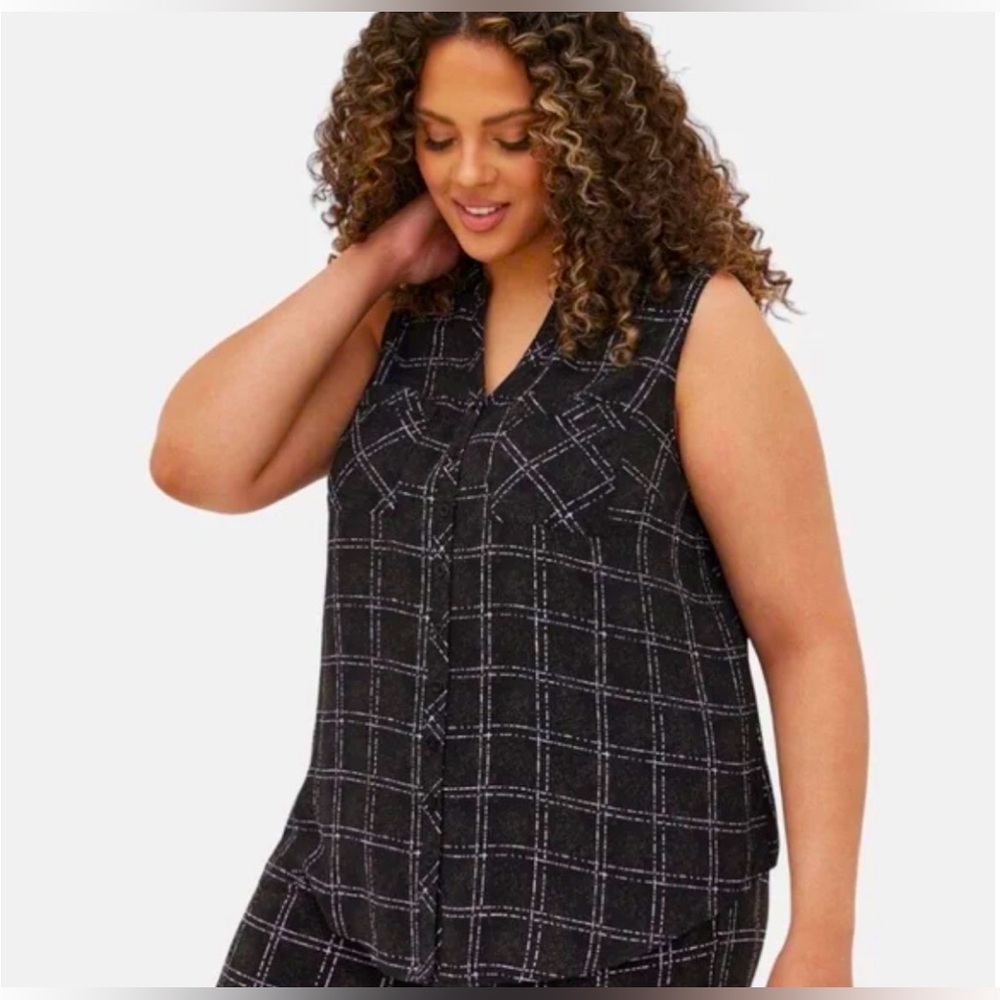🖤NEW! TORRID Madison Georgette Button-Up Black Plaid Collared Tank Blouse